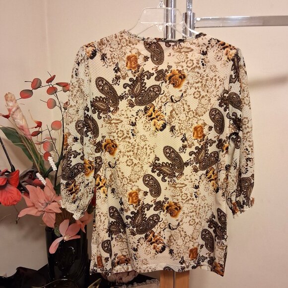 NWT Women's Light Yellow Brown Printed Lined Blouse ¾ Sleeve Pleated Top 8 M - Picture 9 of 9
